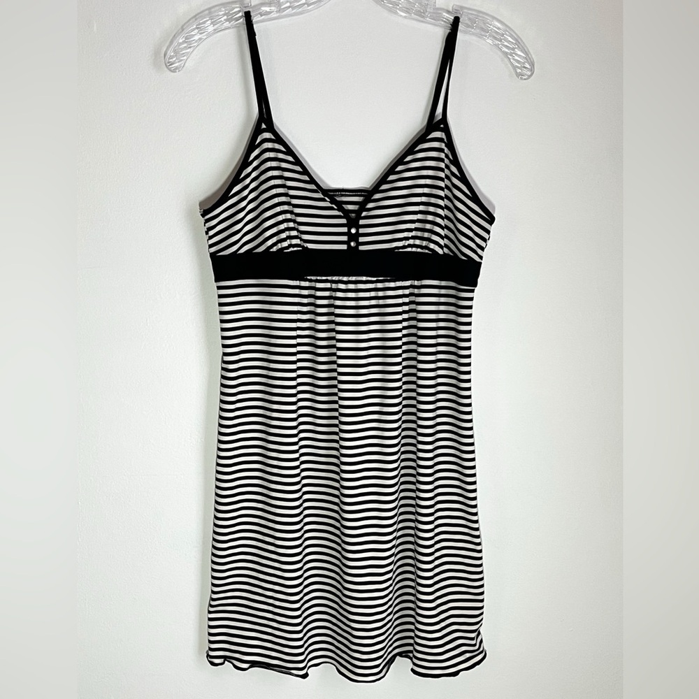 Chic Soft & Stretchy Striped Black and White Chemise with Two Buttons